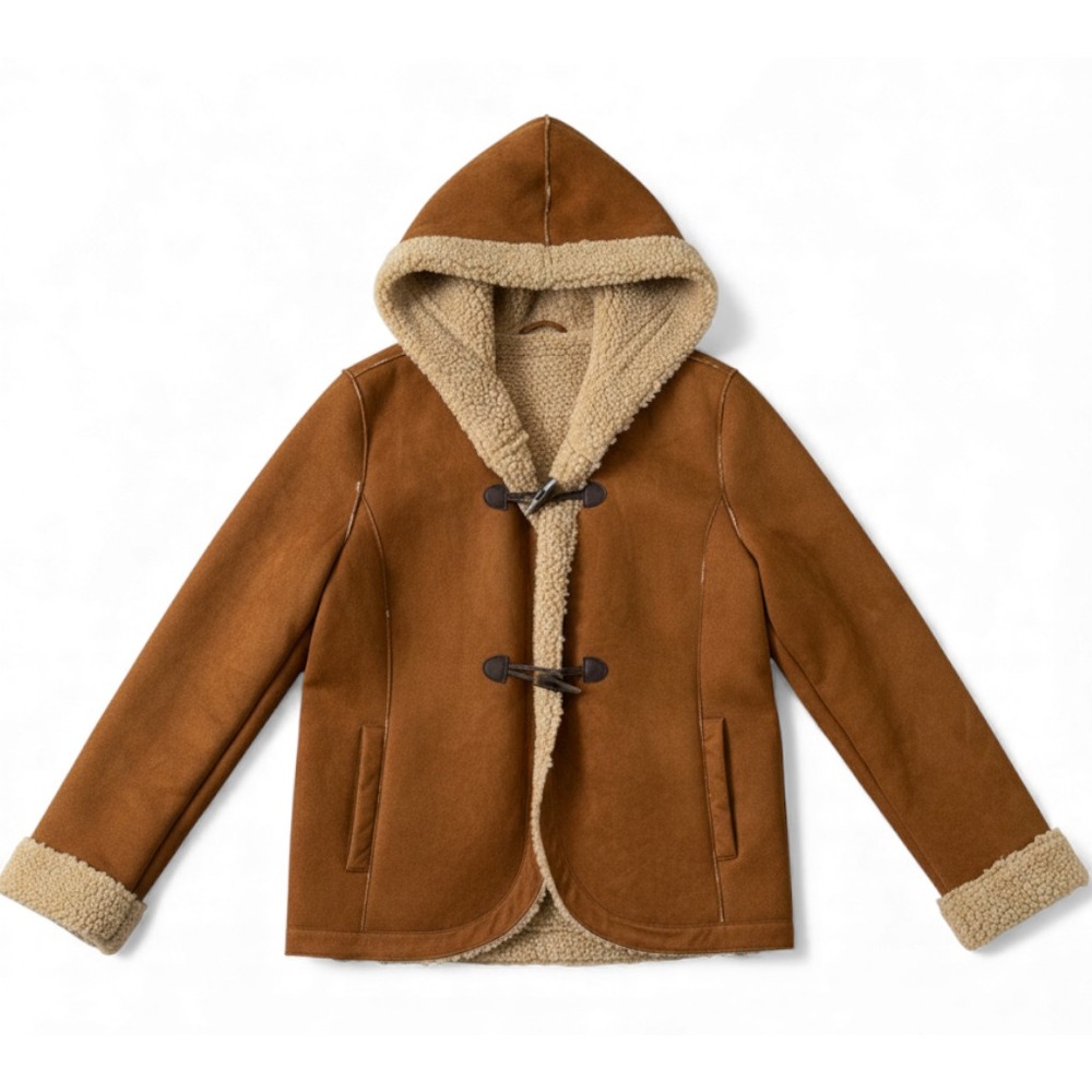 CHELSEA & THEODORE Brown Faux Suede Jacket BEIGE SHERPA LINER Toggle Hooded S